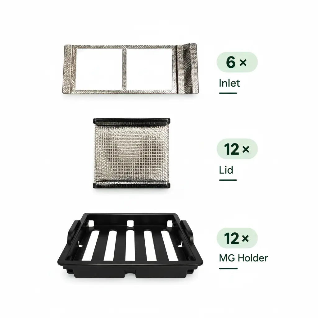 Raumgarten Pro MG Set – 6x Inlet, 12x Lid, 12x MG Holder auf weißem Hintergrund